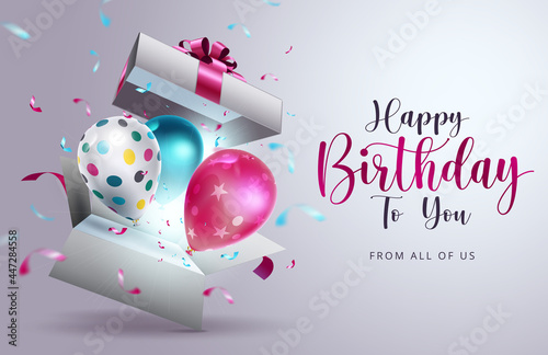 Happy birthday vector design. Happy birthday to you text with surprise element like balloons, gift and confetti  decoration for birth day celebration greeting card. Vector illustration
 photo