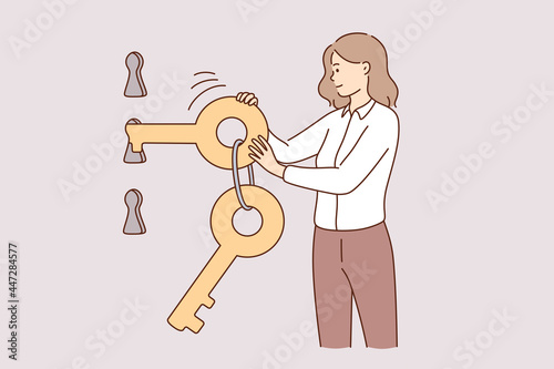 Security, protection of account concept. Young woman cartoon character standing and choosing right key to open key hole vector illustration 