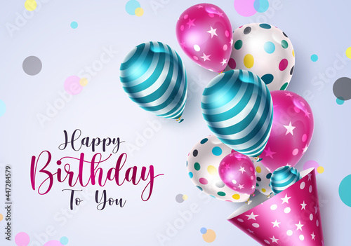 Birthday balloons vector design. Happy birthday to you greeting text with colorful pattern balloon element in circle dots decor for celebrating birth day party card design. Vector illustration
