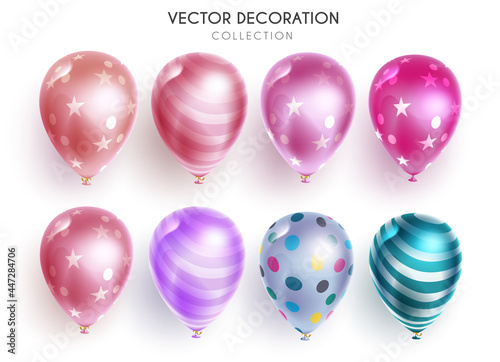 Birthday balloons vector set. Floating balloon elements with colors and pattern isolated in white background for cute birth day party celebration event decoration. Vector illustration
