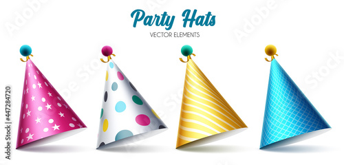 Birthday party hats vector set. Colorful hat elements isolated in white background for celebrating birth day party event decoration. Vector illustration
