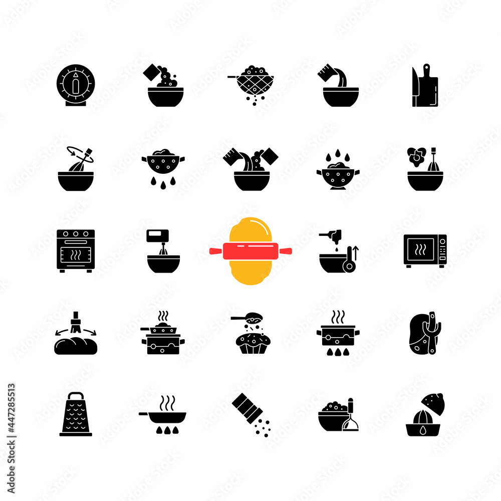 Cooking instruction black glyph icons set on white space. Frying pan. Kitchen timer. Cook dinner and meal. Food preparation process steps. Silhouette symbols. Vector isolated illustration