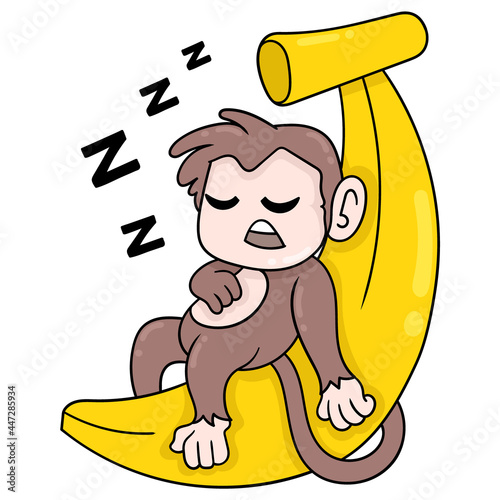 monkey is resting sleeping on a banana big mattress, doodle icon image kawaii