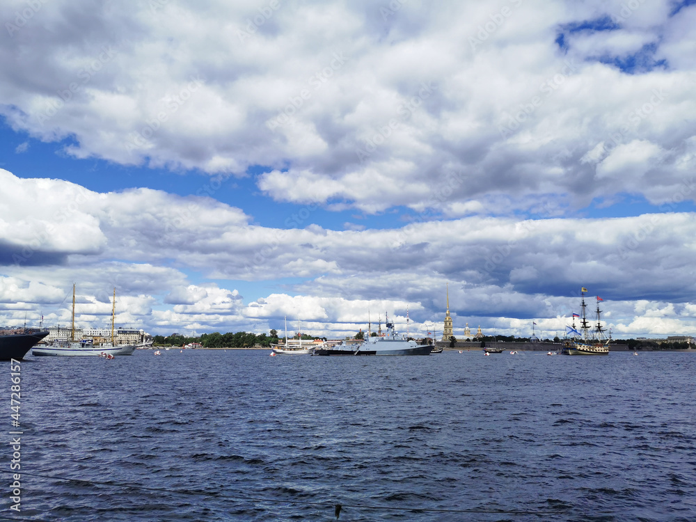 Warships, frigates and sailboats built in the Neva water area for the Day of the Navy in St. Petersburg. Warships, frigates and sailboats built in the Neva water area for the Day of the Navy in St. Petersburg.