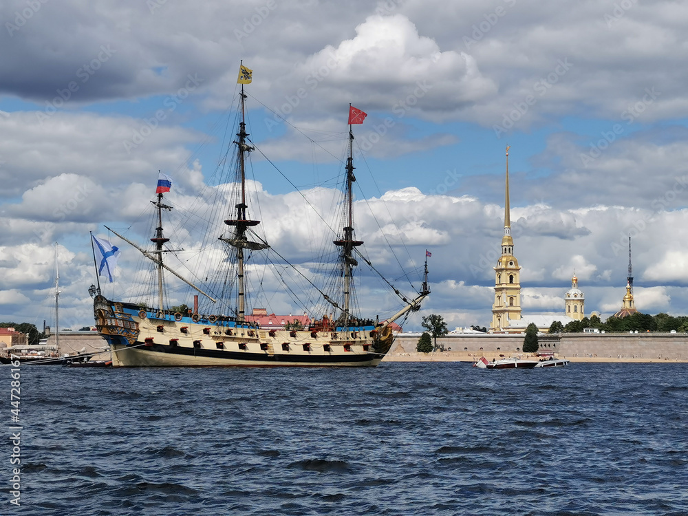 Sailing frigate Poltava in the Neva water area for the Day of the Navy in St. Petersburg Sailing frigate Poltava in the Neva water area for the Day of the Navy in St. Petersburg