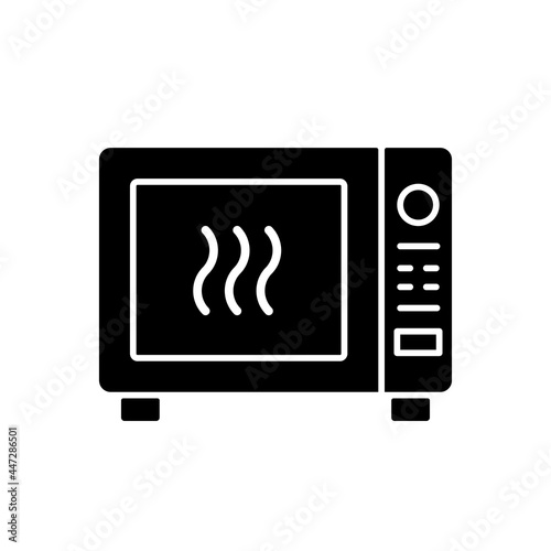 Microwave black glyph icon. Oven to heat ready made meals. Roasting dinner in stove. Cooking instruction. Food preparation process. Silhouette symbol on white space. Vector isolated illustration