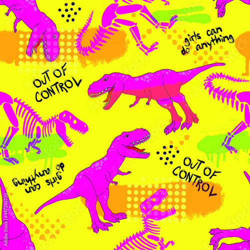 Seamless pattern with Pink t-rex. Background for girls  for textiles  clothing  web  overprint paper.  Trendy hand drawn print