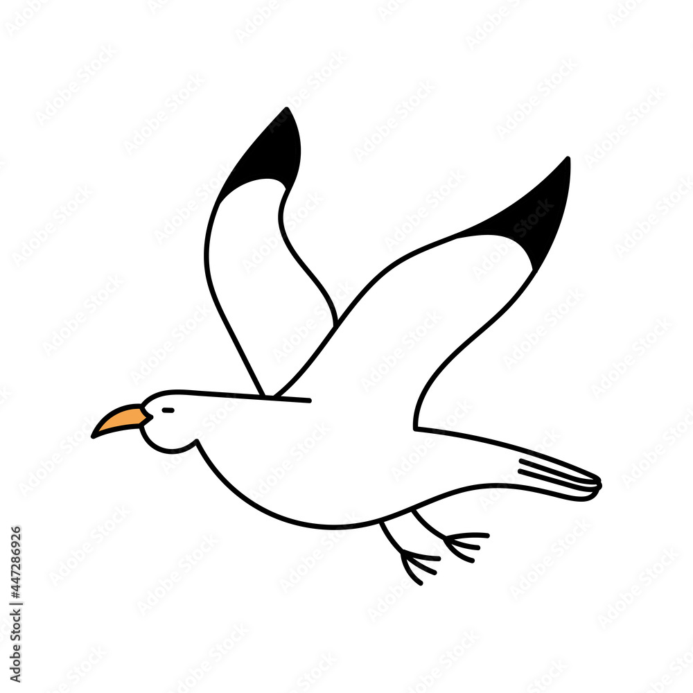 Cute seagull in doodle style. White bird. Simple illustration isolated on white background. Summer icon Cute seagull in doodle style. White bird. Simple illustration isolated on white background. Summer icon