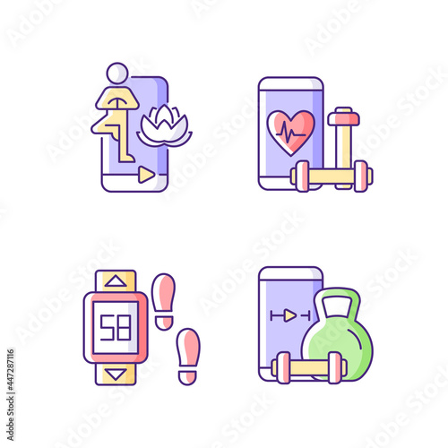 Online fitness yoga classes RGB color icons set. Health and wellness apps. Body control. Distance travel step tracker. Isolated vector illustrations. Simple filled line drawings collection