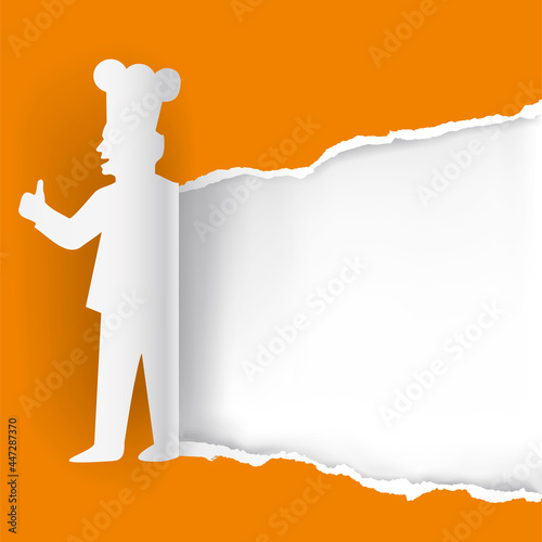 Paper Chef, banner template.
 Orange paper background with stylized Paper silhouette of cook. Vector available.
