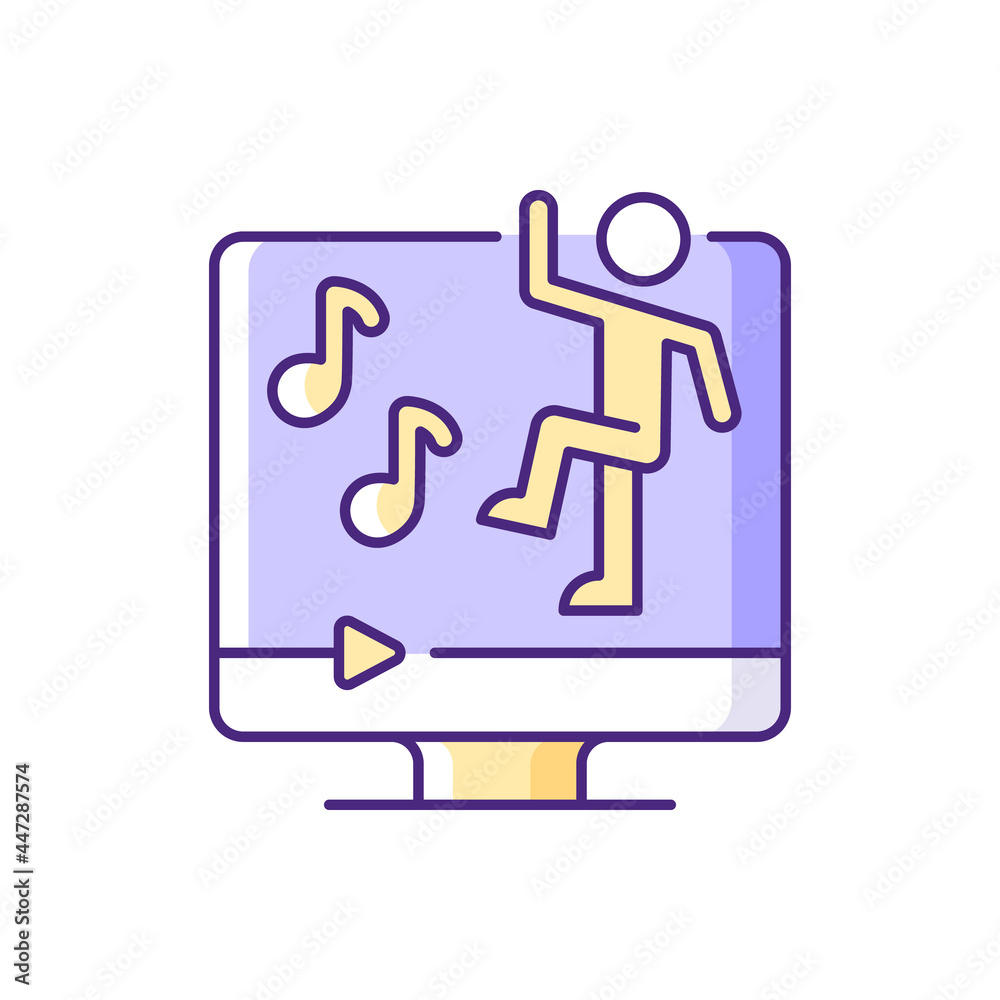Online dance workout violet RGB color icon. Virtual dancing memory sensory brain activation. Heart beat stimulation. Body tuner. Isolated vector illustration. Simple filled line drawing