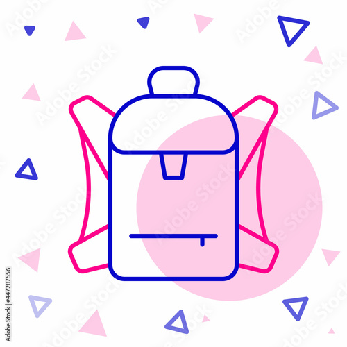 Line Hiking backpack icon isolated on white background. Camping and mountain exploring backpack. Colorful outline concept. Vector