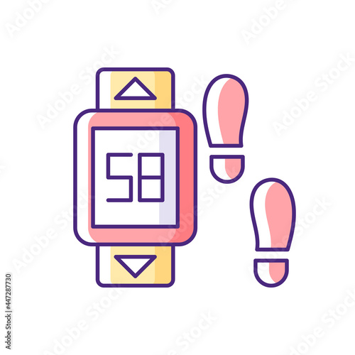 Online fitness pedometer device RGB color icon. Walking style. Personal step and motion detection. Health software step counts display. Isolated vector illustration. Simple filled line drawing