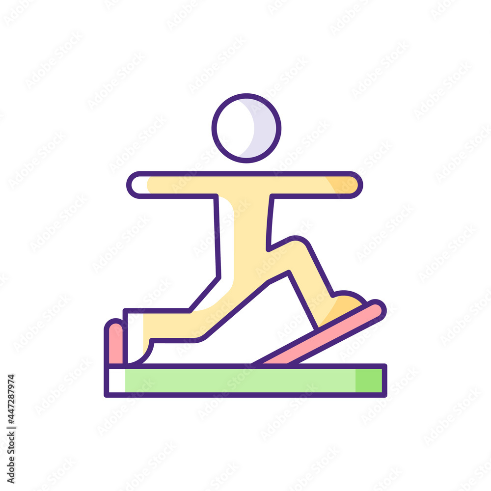 Pilates RGB color icon. Online fitness self improvement item. Physical and cultural stabilization workout. Art method movement control. Isolated vector illustration. Simple filled line drawing Pilates RGB color icon. Online fitness self improvement item. Physical and cultural stabilization workout. Art method movement control. Isolated vector illustration. Simple filled line drawing