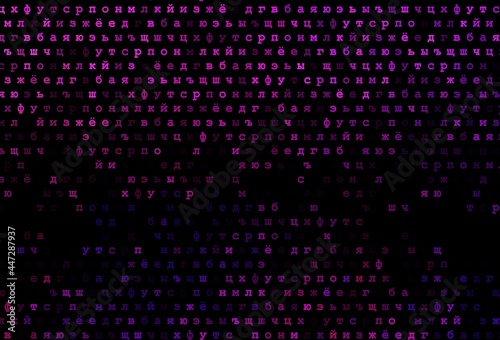 Dark pink, blue vector background with signs of alphabet.