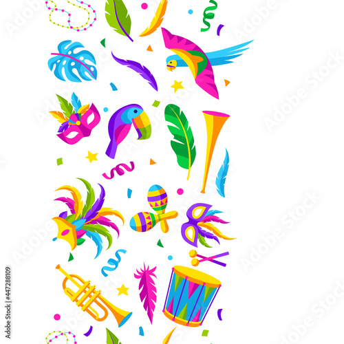 Carnival party seamless pattern with celebration icons, objects and decor. Mardi Gras background for traditional holiday.