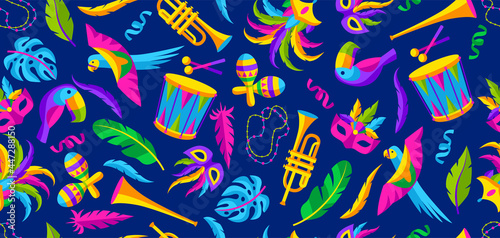 Carnival party seamless pattern with celebration icons, objects and decor. Mardi Gras background for traditional holiday.