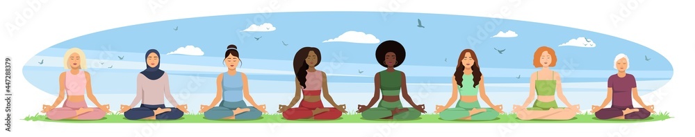 Eight women of different ethnicities, cultures, ages and bodies meditate together in the lotus position. Women of different ethnic backgrounds sporting in nature. Vector illustration in flat style