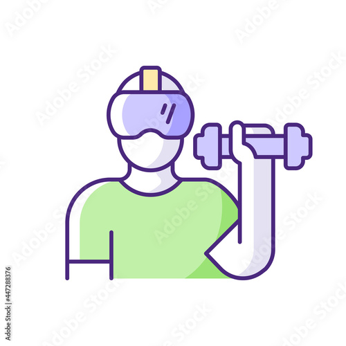 Virtual reality fitness RGB color icon. VR exercises. Sport gamification. Playstation activities. Boxing simulator, Special equipment. Isolated vector illustration. Simple filled line drawing
