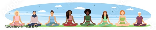 Eight women of different ethnicities, cultures, ages and bodies meditate together in the lotus position. Women of different ethnic backgrounds sporting in nature. Vector illustration in flat style