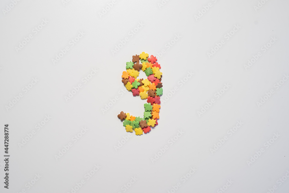 Numeral 9 from sweet pastry topping in the form of colorful foliage on a white background. Numeral 9 from sweet pastry topping in the form of colorful foliage on a white background.