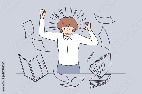 Stress and overwork at office concept. Young furious stressed business man feeling negative with deadlines heap of work in office exhausted vector illustration 