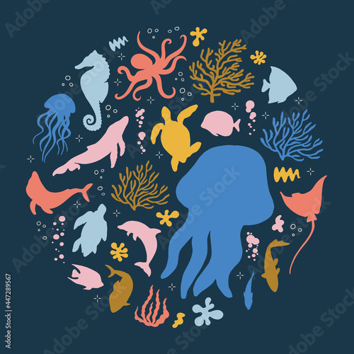 Abstract illustration of summer time concept. Underwater set of silhouettes. .Marine life, coral, seaweed. Flat vector illustration of round shape.