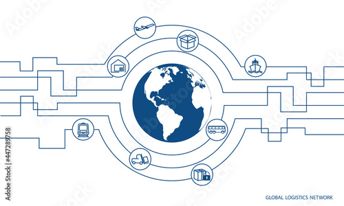 Global logistics network. Map global logistics partnership connection.  White similar world map and logistics icons for your design.   EPS10.