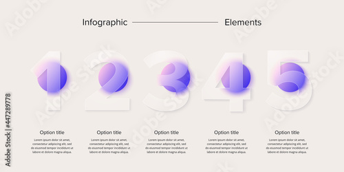 Business process chart infographics with 5 step circles. Circular corporate workflow graphic elements. Company flowchart presentation slide. Vector info graphic in glassmorphism design.
