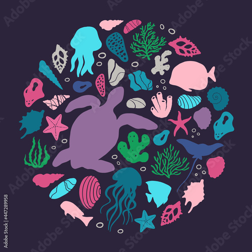 Abstract illustration of summer time concept. Underwater set of silhouettes. .Marine life, shells, seaweed. Flat vector illustration of round shape.