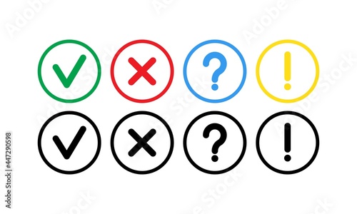 warning exclamation question vector set of flat vector mark buttons green check marks and red crosses signs. Circle rounded corners Icons.