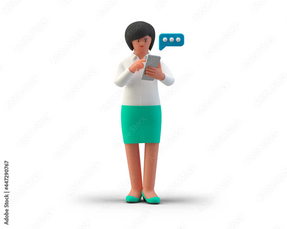 Businesswoman Typing Message on Mobile Phone Smartphone isolated on White Background 3D illustration. 3D people collection