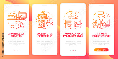 EV social influence onboarding mobile app page screen. Eco-friendly support walkthrough 4 steps graphic instructions with concepts. UI, UX, GUI vector template with linear color illustrations