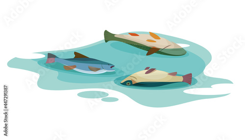 Three dead fish floating on surface of the poisoned water. Concept of environmental pollution. Vector flat illustration