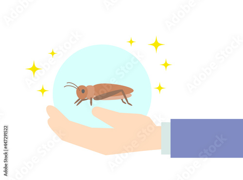 左手の上でキラキラする食用コオロギのイラスト