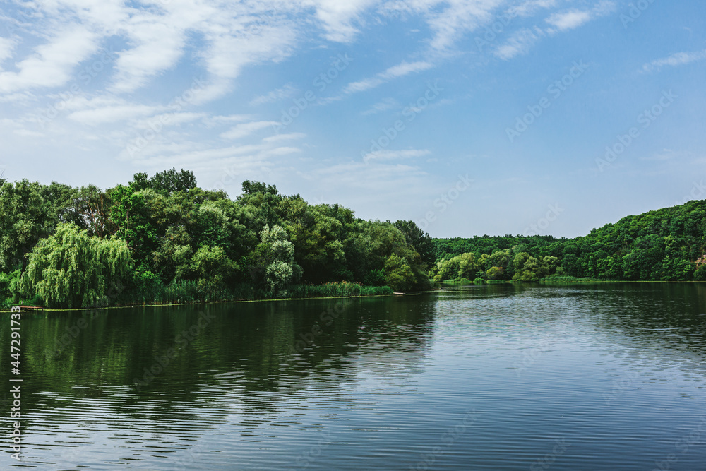 Beautiful summer landscape with river and green forest.