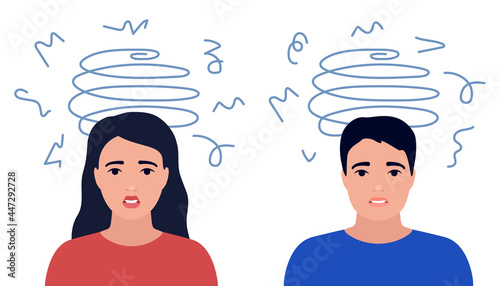 Dizziness, stress, sad and anxious thoughts of man and woman. Boy and girl is surrounded by stream of thoughts, chaos in head, vertigo. Mental disorder and anxiety, depression, tired. Vector flat