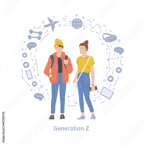 Representatives of generation z, young people using of digital technology.