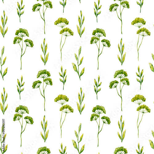 Seamless pattern with watercolor green plants. Hand drawn illustration is isolated on white. Greenery ornament is perfect for floral design  background  medicinal herb label  wallpaper  fabric textile