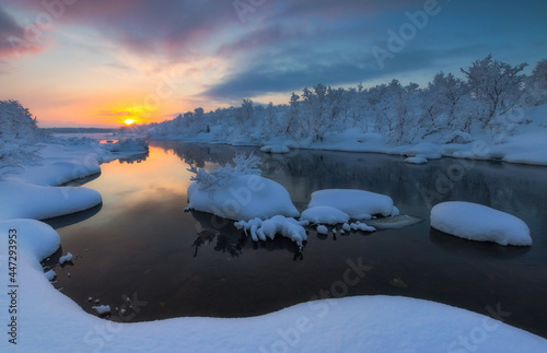 Frosty evening on a river in the Murmansk region