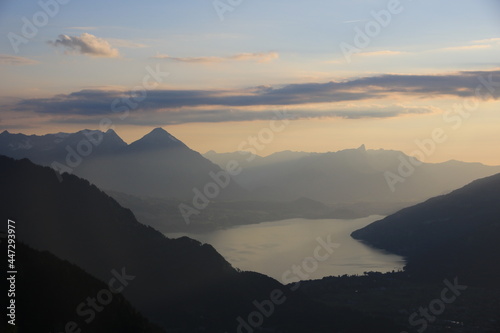 Fototapeta Naklejka Na Ścianę i Meble -  Mount Niesen and Lake Thun at sunset.