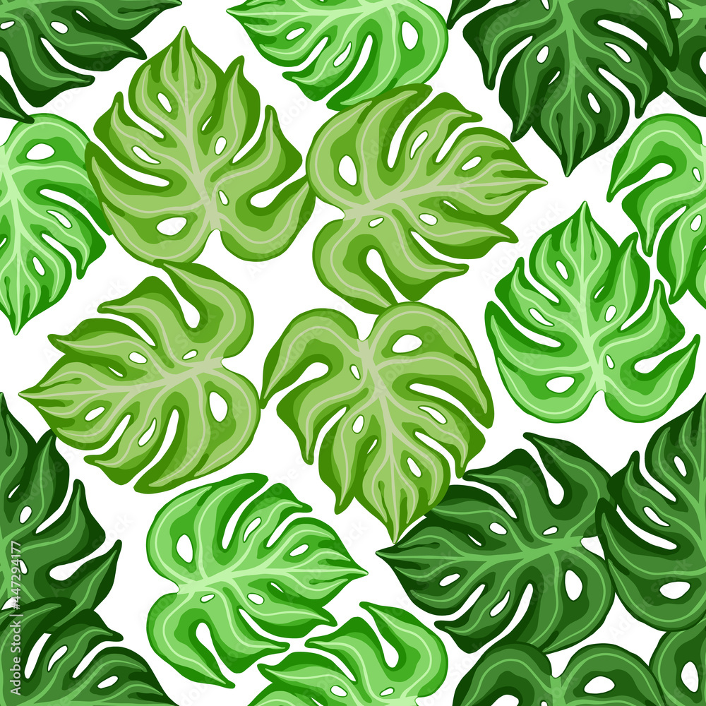 Isolated plants seamless pattern with random green monstrea leaves shapes. White background.
