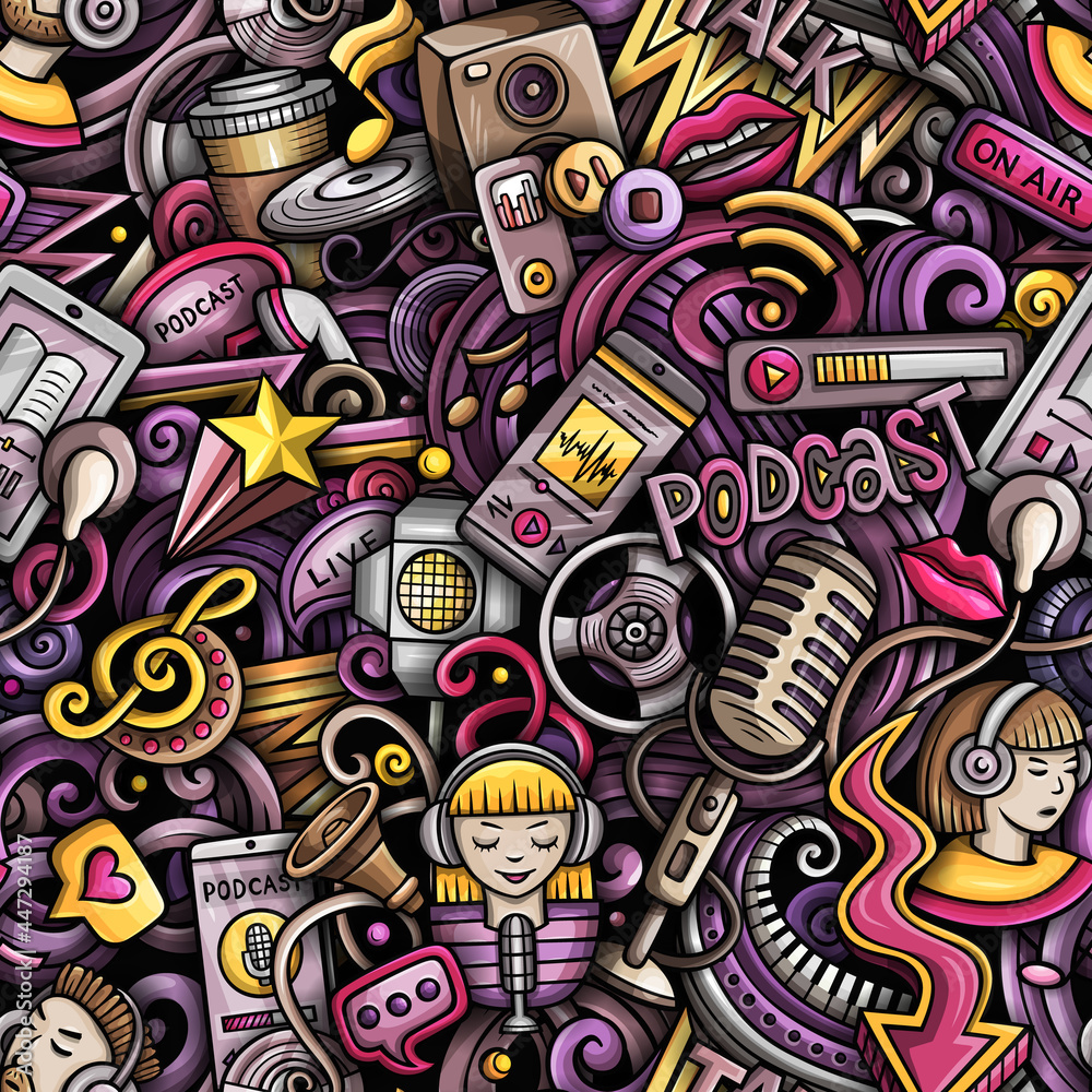 Obraz premium Cartoon doodles Audio content seamless pattern.