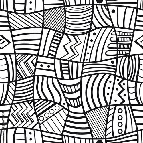 Black and white abstract background with different curved lines. Seamless graphic pattern.
