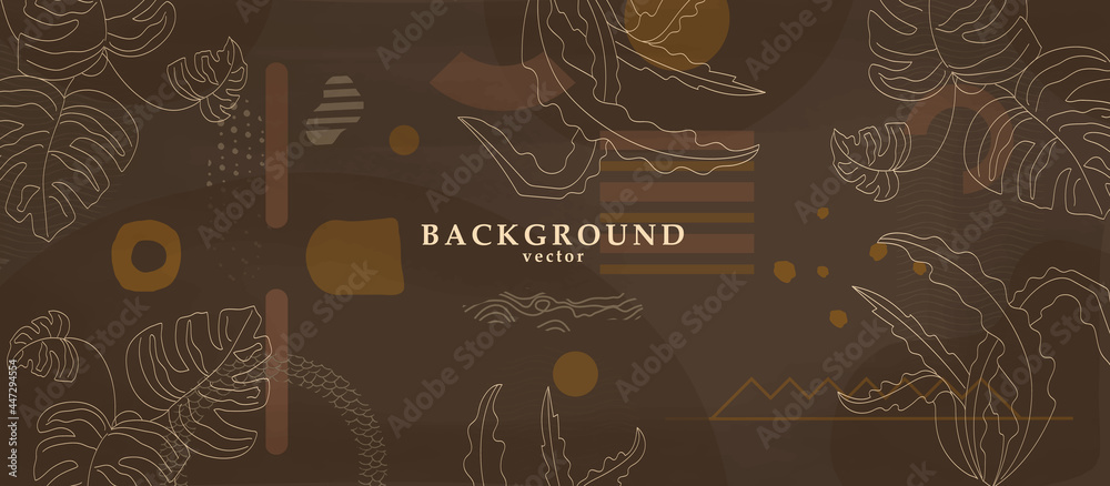 Abstract background art with botanical leaves on dark brown or chocolate background. Earthtone colors wall art decor. Boho style minimalistic background. Vector illustration.