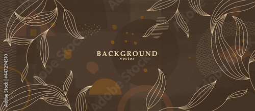Abstract background art with botanical leaves on dark brown or chocolate background. Earthtone colors wall art decor. Boho style minimalistic background. Vector illustration.