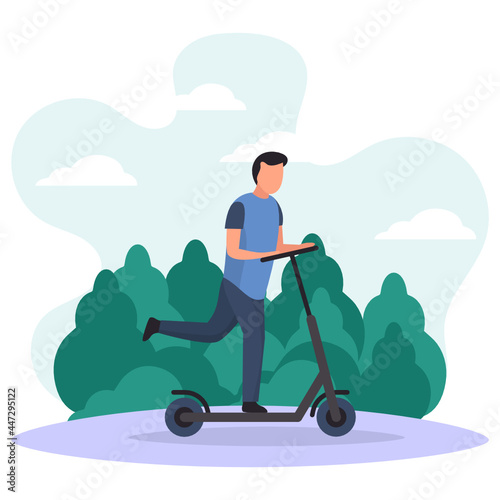 Man Driving On Electric Scooter In The City Concept, Riding in the Park Vector Icon Design, Weekly holidays Activity Symbol, Week Rest Days Sign, Lazy weekends people Stock illustration