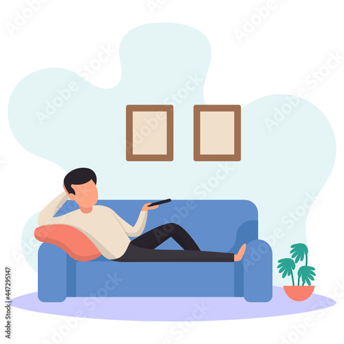 Man lying on sofa watching TV at home Concept, Enjoying Holidays out of Town Vector Icon Design, Weekly holidays Activity Symbol, Week Rest Days Sign, Lazy weekends people Stock illustration photo