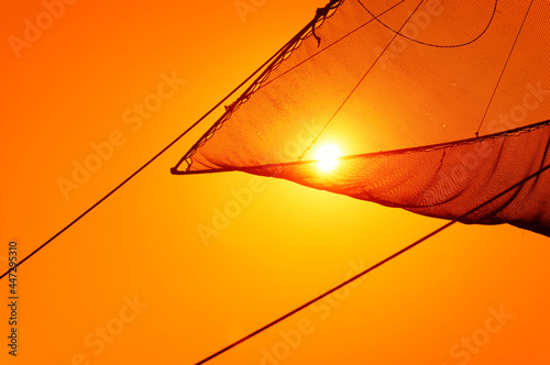 Sun in lift net of traditional carrelet fishing hut. Gironde estuary