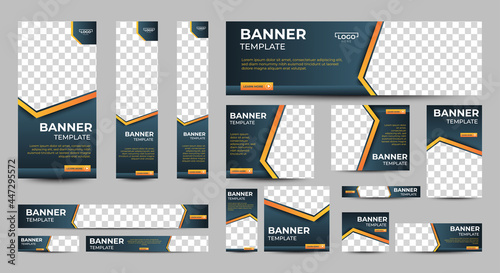 Dark Grey Banner templates set with standard size for web. Business banner with place for photos for Social Media, Cover ads banner, flyer, invitation card. Vector EPS 10